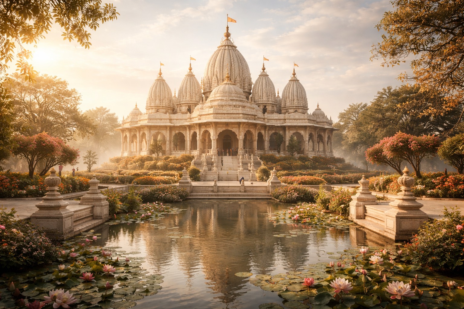 Templo vaisnava al amanecer, junto a un estanque de lotos